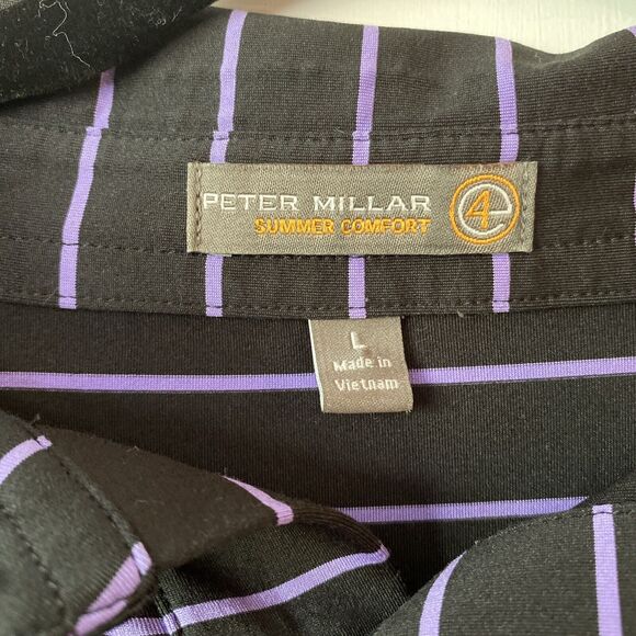 Peter Millar Polo Shirt Mens Large Summer Comfort Corwin Cup Patch Purple Stripe - Picture 2 of 12